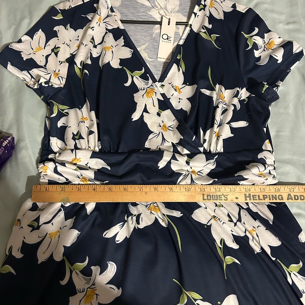 Blue and Cream Casual Sundress with deep V neck fits like a large. - Picture 3 of 12